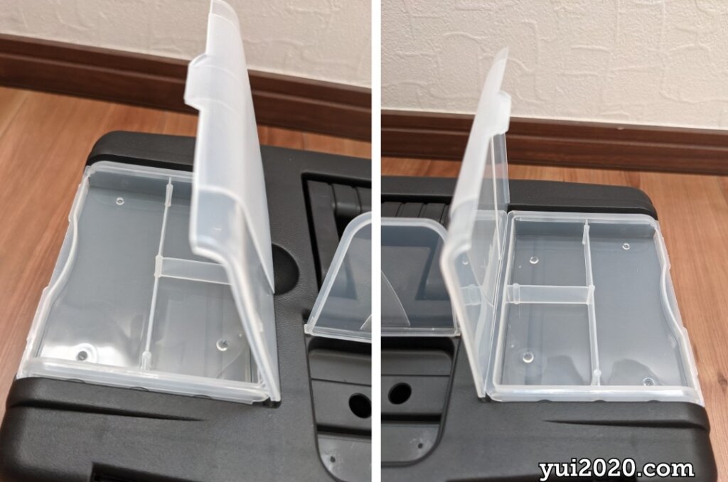 左右のフタ付き仕切りは、3つの仕切りがあり釘などを収納できる